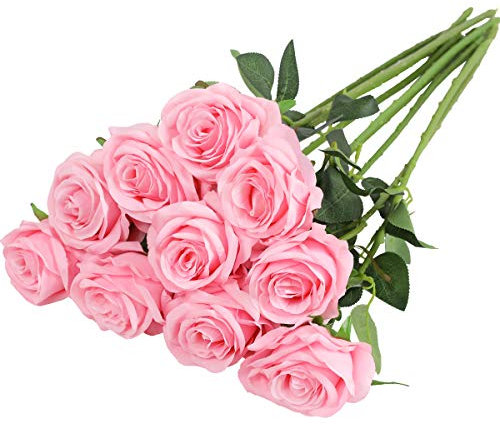 Nubry Artificial Silk Rose Flower Single Stem Lifelike Fake Rose for Wedding Bouquet Floral Arrangements Home Party Centerpiece Decoration, 10pcs (Pink)