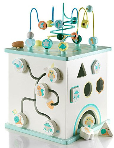 S U N Motorikwürfel aus Holz in schönen Pastellfarben - inklusive Kochplatten - Spielwürfel mit Mini-Küche