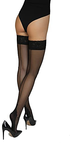Annes styling - Calze Autoreggenti Da Donna Con Cucitura Posteriore 20 Denari Sensuali Calze Sexy In Pizzo Alte Alla Coscia Con Silicone, Nero TG-1/2