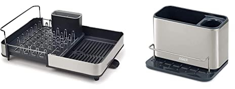 Joseph Joseph Extend Steel Égouttoir à Vaisselle Extensible avec Bec verseur - Gris & Surface - Rangement Evier, Support pour Éponge, Brosse, Liquide Vaisselle - Acier Inoxydable
