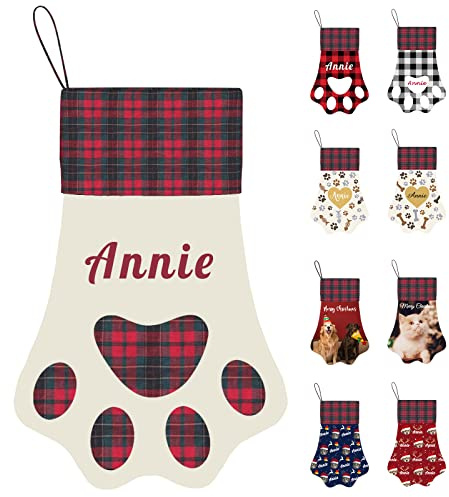 Personalisierte Weihnachtsstrümpfe für Hunde, Katzen, Haustier, Hund, Katze, Name, Foto, Süßigkeiten, Strumpfbeutel, große Pfotenform, handgefertigte Weihnachtsstrümpfe zum Aufhängen (17 Zoll)