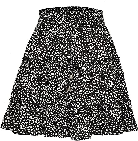 LAEMILIA Womens Elastic Waist Flared Short Skirt Floral Print Pleated Mini Skater Skirt with Drawstring (Black, S)