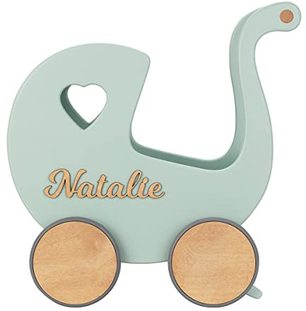 Puppenwagen ab 1 Jahr - Individuell mit Namen - Handgefertigter Puppenwagen - Holzpuppenwagen - Sicher Abgerundete Kanten - Ausdrucksstarke und Schöne Farben (Minze)