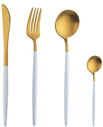 TUPMFG 16 Pieces White Handle Cutlery Sets, Matte Flatware Set Service for 4, Stainless Steel Silverware Set with Knives Forks Spoons, Dishwasher Safe