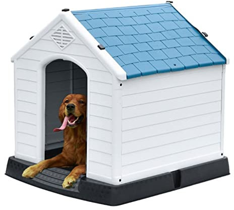 Hundehütte Großes Wasserdichtes Hundehaus, Alles Wetter Im Freien Kunststoff Hundehaus Haustierhütte Mit Atemlöchern Und Angehobener Basis (Color : Gray+Blue, Size : 73x66x71cm)