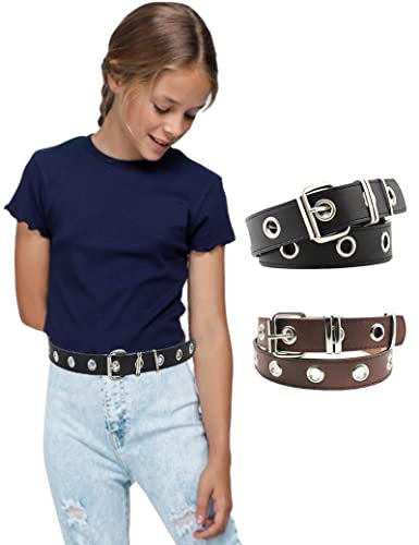 Kiench Mädchen Gothic Punk Nietengürtel Kinder Leder Gürtel 2er-Pack Ösen Schwarz & Braun ohne Ketten EU Taillenumfang 60-90cm = Gesamtlänge 100cm