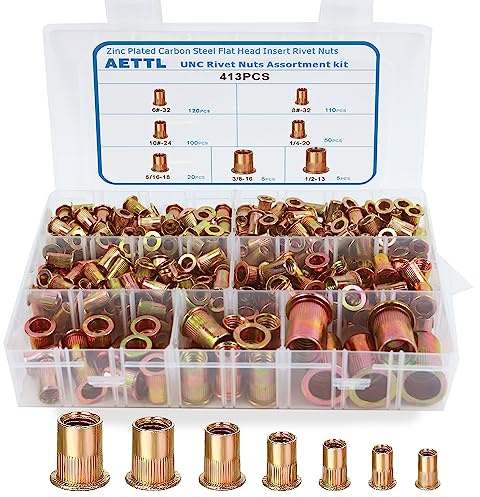 Nietmuttern-Set, AETTL 413-teiliges SAE UNC-Nietmuttern-Sortiment, verzinkte Oberfläche, Flachkopf-Nietmuttern-Set aus Kohlenstoffstahl mit Koffer