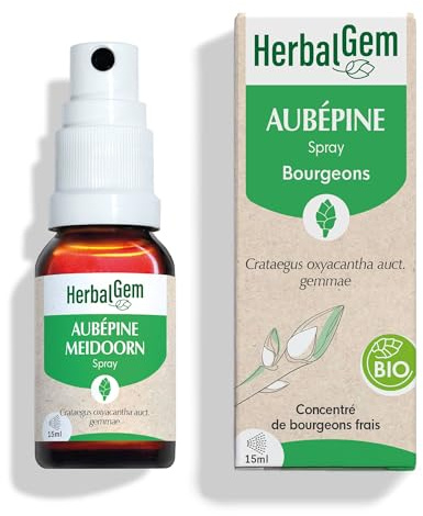 HerbalGem - Macérât-Mère - Spray aubépine Bio - Complément Alimentaire Gemmothérapie Concentrée - Extrait de Bourgeon Frais - pour Circulation Sanguine - Format Nomade, Simple et Pratique - 15 ml