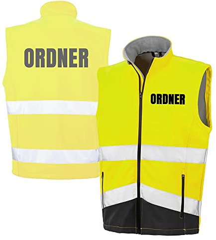 Fassbender-Druck WARNWESTEN - ORDNER Sicherheitsweste GELB aus Softshell - Gelb Warnweste nach EN ISO 20471 zertifiziert - Unisex und hochwertigem Reflektorstreifen (Gr. 4XL)