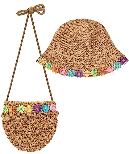 HONGXIN-SHOP Chapeaux de Paille et Petit Sac Filles Chapeau de Soleil avec Décoration Marguerite Pliable Bonnet de Soleil Paille Chapeau d'été pour Plage Voyage Randonée 2-4 Ans, Kaki