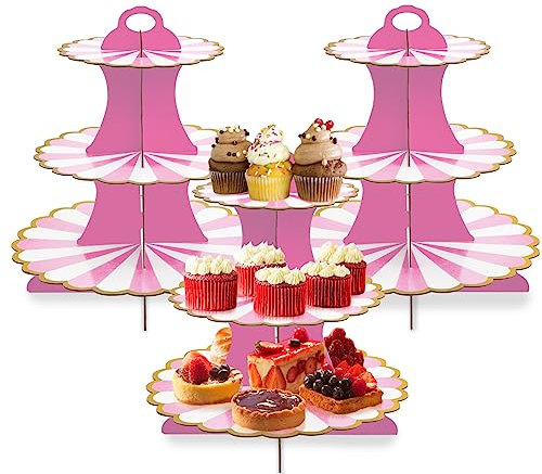 Alzata per cupcake, a 3 piani, per mini torte, frutta, caramelle, biscotti, buffet, alzata in cartone a più livelli, confezione da 3 (rosa)