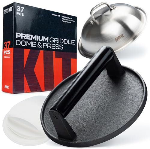Smash Kit de presse à hamburger – Presse ronde en fonte de qualité supérieure de 17,8 cm avec 35 feuilles de papier à galette, couvercle rond robuste de 30,5 cm, dôme de fonte, parfait pour hamburger,