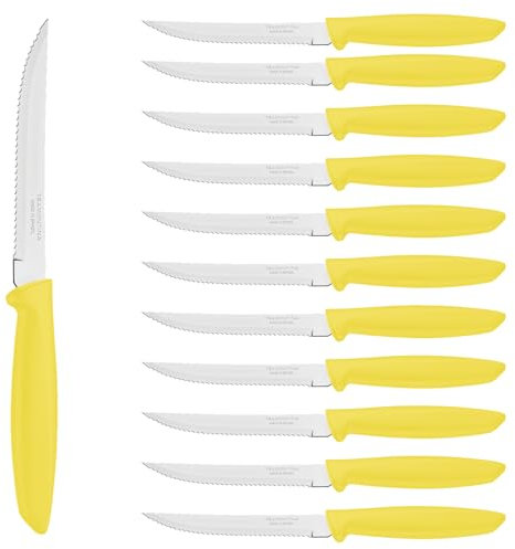 Tramontina - Couteau à steak denté jaune Plenus. Inox et polypropylène. X 12