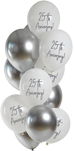 Folat 25163 Set de Globos Premium - Silver Anniversary 33cm - 12 piezas Látex Globos Helio o Aire para Fiesta Decoracion, Cumpleaños, Bodas, Despedida de soltero, Aniversario, Bautizos, Comunion