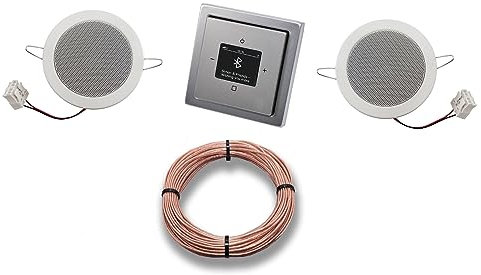 Busch Jäger DAB+ Unterputz Bluetooth (in and out) Radio 8217U-101 PUR Edelstahl, Komplett-Set mit 2 x Deckenlautsprecher Einbaulautsprecher + 20 Meter Lautsprecherkabel 2x0,75 mm2 8217 U - 101