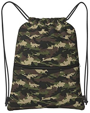 SJOAOAA Kordelzug-Tasche Camouflage-Muster Kordelzug Reißverschluss Rucksack Wasserfeste String Bag Sport Rucksack Gym Sack Mit Seitentasche Für Männer Frauen, Schwarz , One size