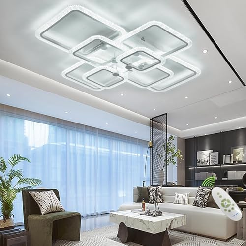 HIHIHOMY 41,3 Zoll Led Dimmbar, Kristall Led Deckenleuchte Mit Fernbedienung, Weiße 8 Quadratische Kristallrahmen für die Küche, Wohnzimmerlampe Deckenleuchte
