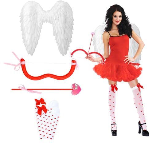 Hpbaggy Amor Kostüm Valentinstag,Cupid Kostüm Damen mit Federflügel Engel | Cupid Costume,Amor Pfeil und Bogen Set,Amor Kostüm,Kniestrümpfe mit Herzen Schleife,Frauen Karneval Valentinstag PartyCosplay