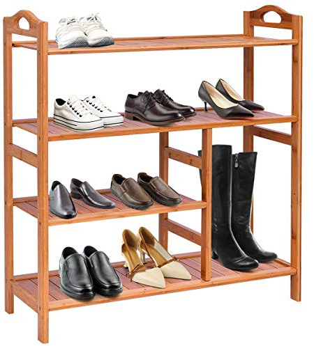 HOMASIS Schuhregal mit 4 Ebenen, schmaler Schuhständer aus Bambus, Kleiner Schuhorganizer für Verschiedene Schuhe, Schuhschrank für Flur, Eingangsbereiche, Garderobe, 68 x 27 x 75 cm, Natur