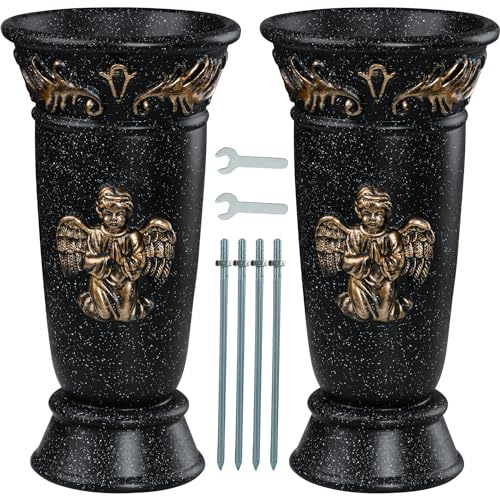 AOFOX Resin Vase, 2 Pcs Black Angel Cemetery Flower Vase with Spikes, Draining Hole, for Gravesite, Headstone Flowers, Memorial Grave Decorations