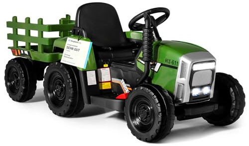 COSTWAY 12V Tractor Electrico para Niños con Remolque, 3 Velocidades y Control Remoto 2,4G Juguete Tractor con Luces LED, Música,USB y Bluetooth para Niños Mayores de 3 Años (Verde Militar)