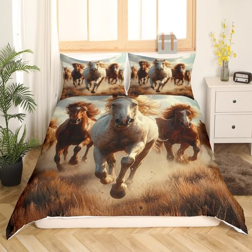 Horse Duvet Cover Super Soft,Western Theme Retro Running Horse Breathable Comforter Cover for Men Women Bedroom Decor,Rustic Farmhouse Style Comforter Cover 3 Pcs with 2 Pillowcases Full Size