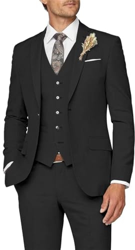 Wangyue Abito da Uomo 3 Pezzi Slim Fit per Uomo Formale Abito da Lavoro Matrimonio Sposo Ballo Smoking Cena Festa, Nero, S