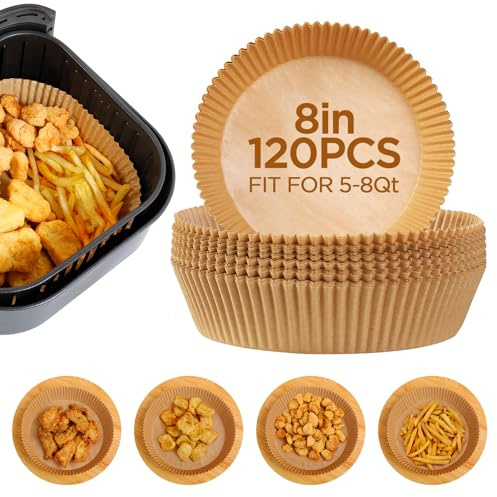 Romon Carta Forno per Friggitrice ad Aria, 120 Unità Teglia per Friggitrice Ad Aria 20 cm Rotondo, Antiaderente Monouso Carta per Friggitrice Ad Aria, Adatto al Forno, da 5 a 8 litri per Microonde