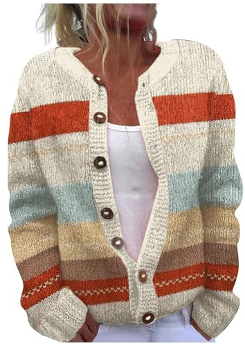YIzdegg Stickad kofta för kvinnor oversized ull med knappar i flera färger tryck vinterjacka jultröja stickad tröja Y2k tjock varm tjock jacka, Beige, XXL