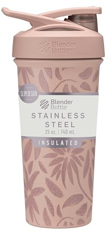 BlenderBottle Strada Flip Shaker-Becher, isolierte Edelstahl-Wasserflasche mit Schneebesen, 750 ml, braune Blumen