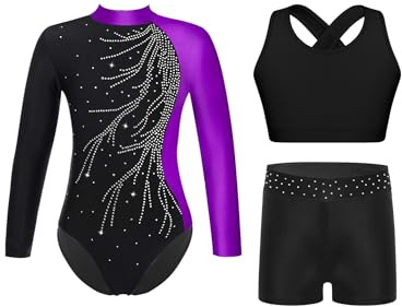 Oyolan 3-delad gymnastiktrikå, flicka, barn, leotard, dans, balett, tank, sport, gym, fitness, shorts, Färg: blå, 9-10 �r