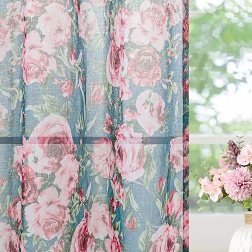 L.Z.E Gardinen Grün Rosa für Wohnzimmer Bedruckt Blumen Vorhänge mit Ösen Transparent Gardine Vorhang für Schlafzimmer Fenster 2er Set Leinenoptik Ösenvorhang 225 cm Lang Dunkelgrün (LZE2227E-FL225)