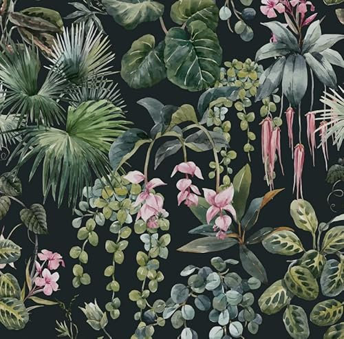 Timeet Carta da parati autoadesiva, 41 cm x 3 m, colore nero, foglie verdi, carta da parati botanica, autoadesiva, in vinile, per soggiorno, camera da letto, cucina, parete e mobili