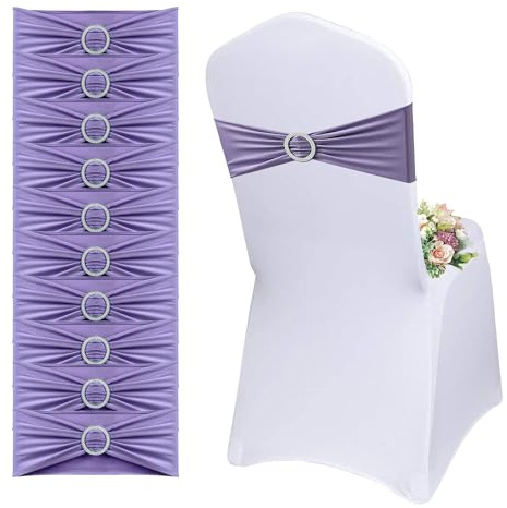 50 x Spandex-Stuhlschärpen Elastische Stuhl-Schärpen mit Schnalle&Schleife | Lila Stuhlschärpen Stuhlhussen Feier Dekoration für Hochzeit, Empfang, Bankett, Babyparty, 13 x 35cm