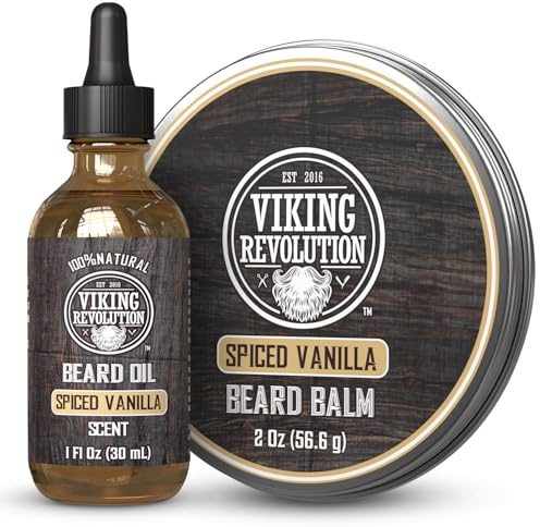 Viking Revolution Spiced Vanilla Beard Balm for Men (2oz) and Beard Oil (1 fl oz) Kit - With Argan and Jojoba Oils - Soften and Moisturize - Stocking Stuffers for Men