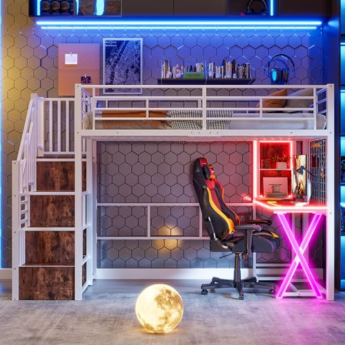 Merax Hochbett mit Schreibtisch 90x200 cm, Jugendbett Loftbett mit LED-Beleuchtung und Stauraum Metallbettgestell mit Lattenrost(ohne Matratze) für Kinder/Erwachsene (Weiß)