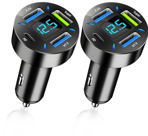 2 PCS 4-Porte Caricabatteria Auto USB C, 60W Super, PD Caricabatterie Veloce, con Voltmetro LED, Compatibile con Più Dispositivi e Tutti gli Smartphone