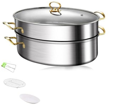 ZOLPINL Cuocitore a Vapore per Pesce Pentola per Pesce al Vapore ellittica, 2 Livelli in Acciaio Inox con Coperchio Multiuso per cuocere a Vapore Pesce, Frutti di Mare, zuppe bollenti