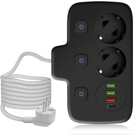 Anluomafuy Ciabatta Multipresa Elettrica con Interruttori, Multipresa a 6 Posti, 2 Schuko, 3 USB-A e 1 USB-C, 2500W 10A, Prese Angolate a 45°, Cavo 2m, Interruttori Indipendenti