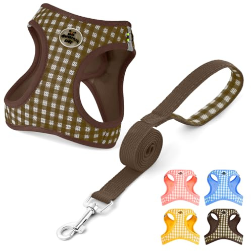 OFFCUP Pettorina per Cani Gatti con Guinzaglio Set Traspirante Imbracatura in Air Mesh per Cani Piccoli Pettorina Step-in Regolabile Riflettente Morbida Imbottito Anti-Strappo, Marrone, S
