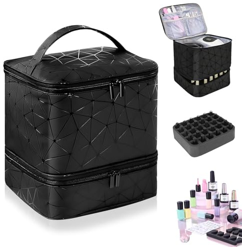 HA BIN Organizador de Esmaltes de Uñas Doble Capa para 30 Botellas + Lámpara Bolsa de Viaje Impermeable con Compartimentos, para Manicura Profesional y en Casa