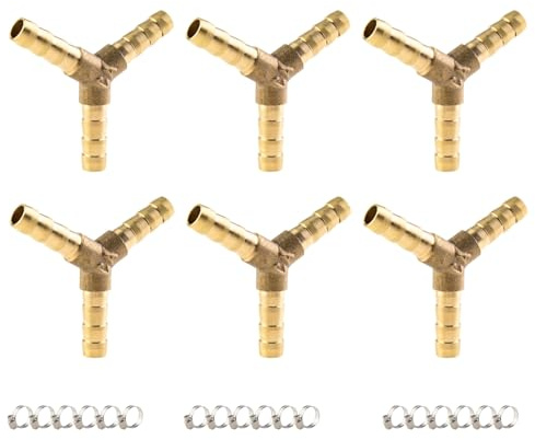 ANGEEK 6 pièces raccords pour tuyaux en laiton,6 mm Composants de raccordement pour tuyaux Raccord en laiton en Y à 3 voies avec 18 colliers de serrage Convient pour l'air, l'eau, le carburant