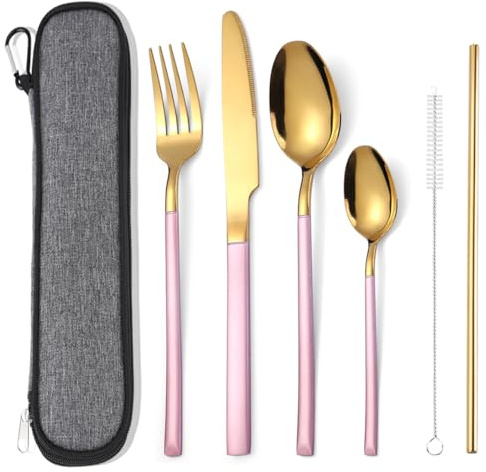 AARAINBOW Portable Cutlery Set for 1 Person, Stainless Steel Knife Fork Spoon Straw Set. 6-Piece Flatware Set with Bag, Suitable for Travel Camping Work, Dishwasher Safe, Pink Gold