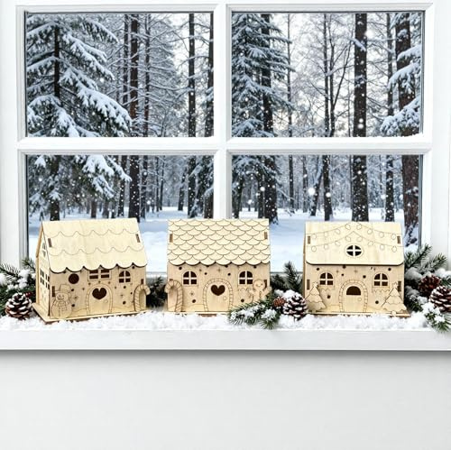 PIujsym Bastelset Weihnachten Kinderr aus Holz für kreatives Weihnachten Basteln mit 3 Lebkuchenhaus Deko Häusern ideal zum Basteln für Familien Partys Schulen und kreative Dekoprojekte