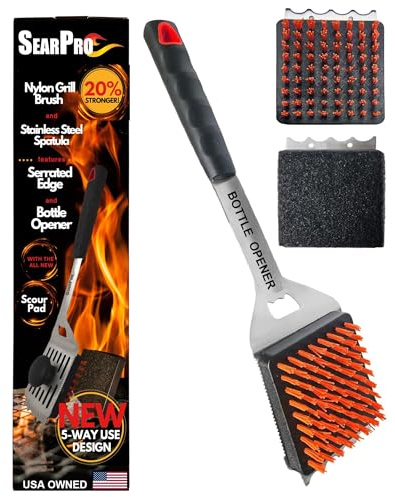 5-in-1 Grill Brush Combo by SearPro BBQ Cleaner Scraper Barbecue Tool Accessories Kit Heat Resistant Nylon Bristle Spatula Outdoor Smoker Black Stone Grate Cast Iron Spatula Non-Wire Brush (5 in 1)