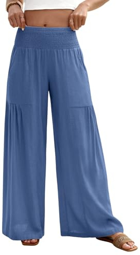 heekpek Pantalon Lino Mujer Verano Ancho Cintura Elastic Pantalones Mujer Verano Fluido Comodos Pantalones Largos con Bolsillos, Azul Marino, S