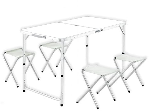 Weida Mesa Plegable Portátil con 4 Taburetes de Lona | Ideal para Camping, Playa, Pesca y Picnic | Diseño Compacto y Resistente | Montaje Rápido y Sencillo | Cómoda y Espaciosa | Color Blanco