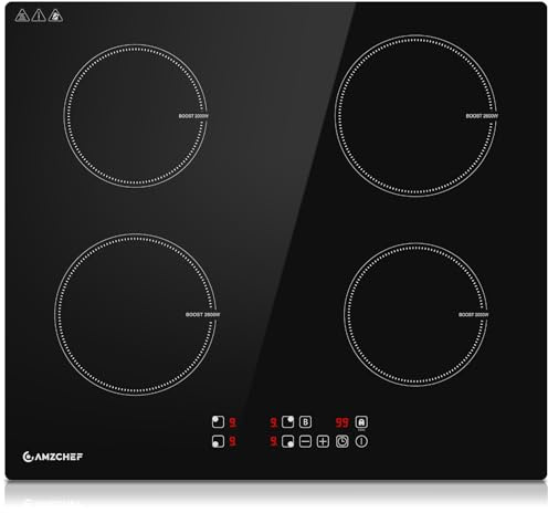 AMZCHEF 4 Platten Induktionskochfeld 60 cm, 7400W Einbau Induktionskochplatte mit 9 Leistungsstufen und Boost, Sicherheitsschloss und Timer, Überhitzungsschutz, LED-Touchscreen