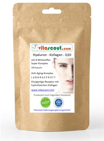 VITASCOUT Hyaluronsäure Kollagen Coenzym Q10 Komplex – 200 Kapseln – mit Vitamin C aus Acerola, Biotin, Zink, Selen, Mangan – Laborgeprüft