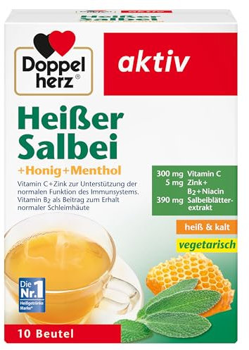 Doppelherz Heißer Salbei mit Honig und Menthol - Vitamin C und Zink zur Unterstützung der normalen Funktion des Immunsystems - heiß & kalt - 10 Beutel
